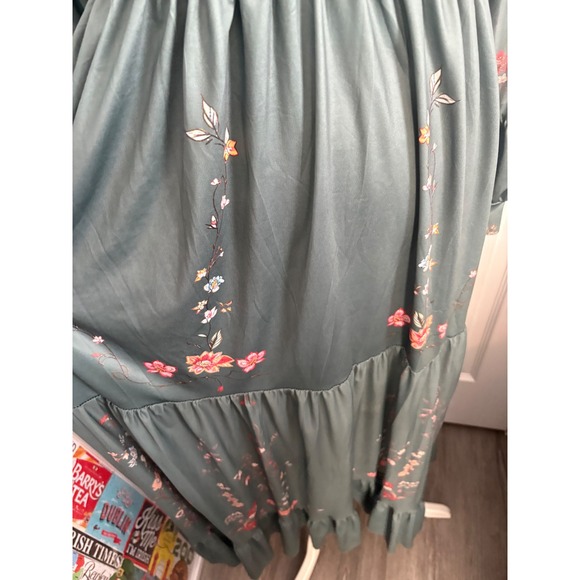 Vintage Floral Maxi Dress Long Sleeve Collared Button Up Teal Green Tier Ruffle - Picture 6 of 10